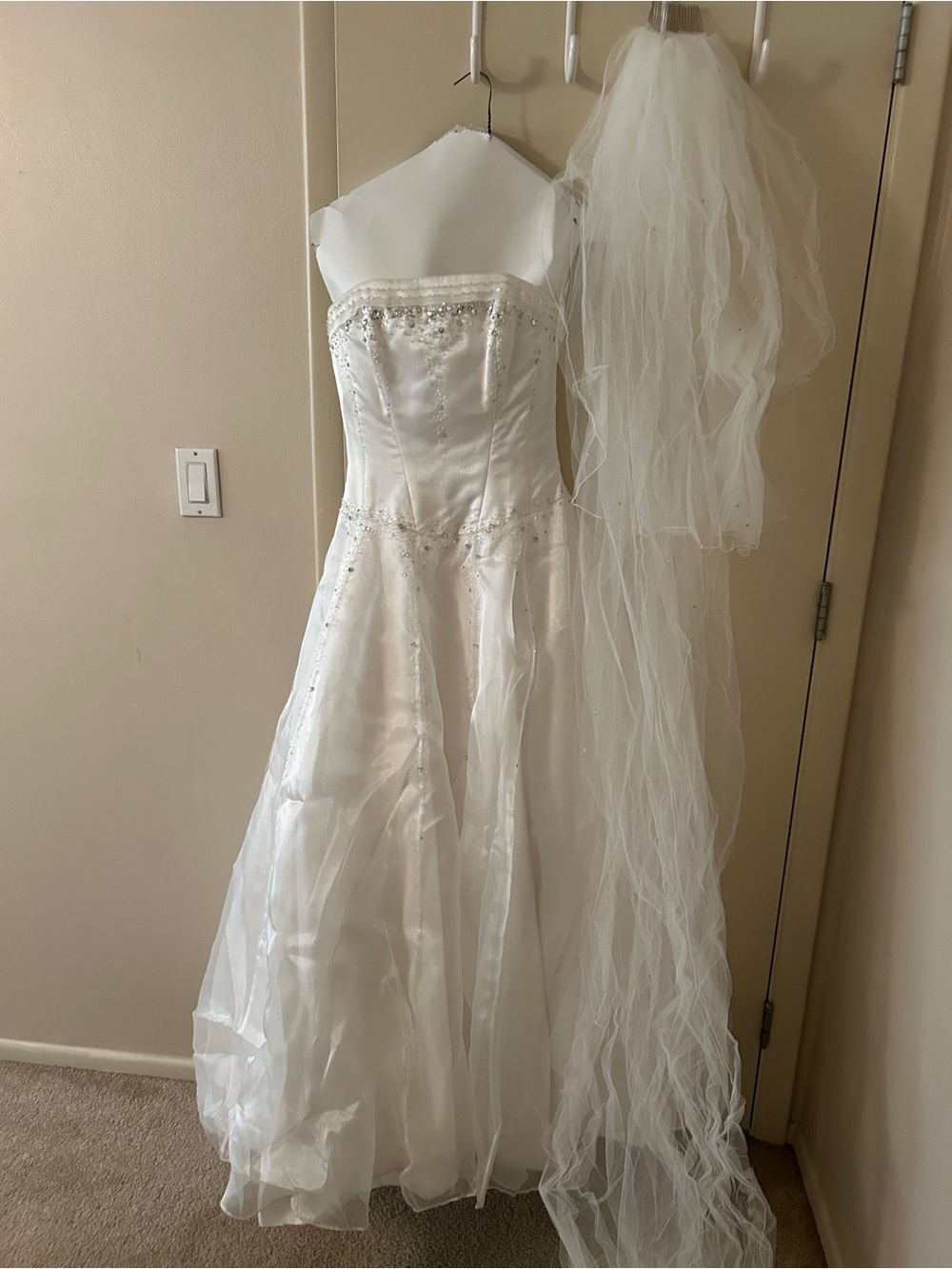 Maggie Sottero Strapless White Satin Wedding Gown with Veil